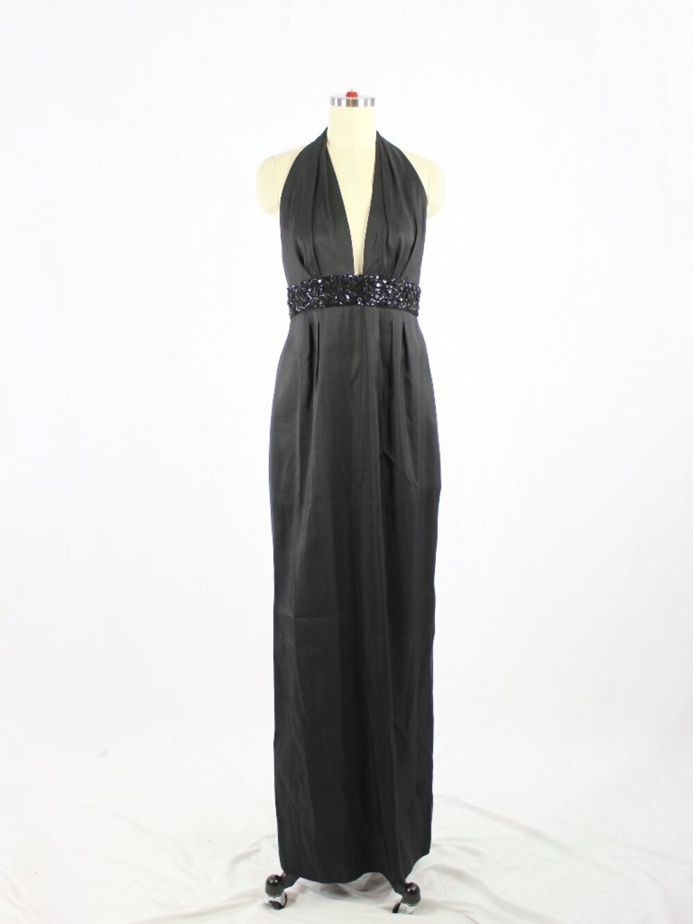 MARCHESA NOTTE Black 100% Silk Faille Bead Embellished Halter Maxi Gown, Size 8